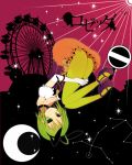  ahoge animal_ears bad_id bunny_ears constellation dress ferris_wheel gradient_legwear green_eyes green_hair green_legwear gumi headband leg_hug pantyhose rosetta_(vocaloid) sign smile solo star striped tapa upside-down vertical-striped_legwear vertical_stripes vocaloid yellow_legwear 