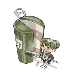 1boy :d beer_can black_pants cake can can_cake can_pull_tab chibi coat collared_shirt dated dress_shirt drink_can food green_coat green_hair hair_bun holding holding_knife knife library_of_ruina male_focus mini_person miniboy netzach_(project_moon) oversized_food oversized_object pants project_moon shirt single_hair_bun smile solo toeiki_c untucked_shirt white_shirt 