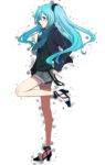  aqua_eyes aqua_hair female full-body hatsune_miku high_heels highres legs long_hair nicarali profile scarf shoes simple_background solo standing twintails upright vocaloid 