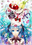  birthday blue_eyes blue_hair bowtie cake cake_hat daisy floating_hair flower food fork fruit gift hair_ribbon hat hatsune_miku long_hair oharu ribbon solo strawberry twintails vocaloid 