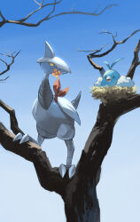  animal_focus bird_nest blue_sky closed_mouth flower_in_mouth highres in_tree metal_skin mouth_hold no_humans open_mouth pokemon pokemon_(creature) skarmory sky swablu talons tree yamaori_(hakkentai_pokedan) 