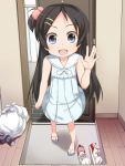  :d bare_shoulders black_hair blue_eyes child dress from_above hair_ornament hairclip highres kana_(shouji_ayumu) long_hair looking_at_viewer looking_up open_mouth original ponytail sandals shouji_ayumu side_ponytail smile solo standing waving young 