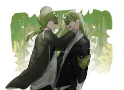  2boys armband black_jacket black_pants black_suit coat collared_shirt cowboy_shot dress_shirt dual_persona english_text expressionless eye_contact from_side green_armband green_coat green_hair green_nails green_necktie grin hair_bun hand_on_own_cheek hand_on_own_face highres jacket library_of_ruina lobotomy_corporation long_hair looking_at_another multiple_boys necktie netzach_(project_moon) pants profile project_moon shirt smile suit toeiki_c untucked_shirt white_shirt 