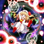  bad_id blonde_hair blush covering covering_crotch danmaku dress dress_tug fangs flandre_scarlet flying hand_on_hat hat hexagram highres magic_circle mary_janes mount_whip open_mouth red_eyes shoes short_hair smile solo the_embodiment_of_scarlet_devil thigh-highs thighhighs touhou white_legwear white_thighhighs wings 