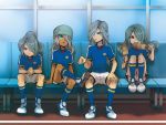  androgynous bek0 bench blue_eyes blue_hair cleats dark_skin eating edgar_valtinas hair_over_one_eye hat inazuma_eleven inazuma_eleven_(series) inazuma_japan jpeg_artifacts kazemaru_ichirouta long_hair multiple_boys red_eyes soccer_uniform windy_fasuta 