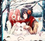  2girls black_hair blonde_hair candy_cane christmas closed_eyes couple ear_muffs earmuffs haruno_sakura hyuuga_hinata ice_skating iviscond iwiscond lights multiple_boys multiple_girls naruto pink_hair scarf shared_scarf short_hair skating snow snowman uchiha_sasuke uzumaki_naruto winter_clothes 