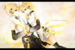  1girl aqua_eyes belt blonde_hair bridal_gauntlets brother_and_sister detached_sleeves elbow_gloves gloves hair_ornament hair_ribbon hairclip headphones holding_hands kagamine_len kagamine_len_(append) kagamine_rin kagamine_rin_(append) len_append letterboxed navel navel_cutout ribbon rin_append short_hair shorts siblings smile tama_(songe) thighhighs twins vocaloid vocaloid_append 