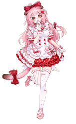  1girl :o arknights blush bow clothing_cutout commentary covering_own_mouth dress footwear_bow frilled_bow frills gloves goldenglow_(arknights) goldenglow_(party_in_the_garden)_(arknights) hair_bow hair_ornament hand_over_own_mouth heart heart_cutout heart_hair_ornament highres leg_up long_hair looking_at_viewer manti official_alternate_costume pink_bow pink_hair pink_tail plaid_bow puffy_short_sleeves puffy_sleeves red_bow short_sleeves simple_background solo standing standing_on_one_leg tail tail_bow tail_ornament thigh-highs white_background white_dress white_gloves white_thighhighs yellow_eyes 