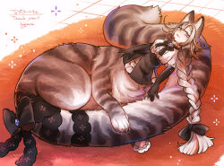  1girl animal_ears braid brown_hair brown_skirt cat_ears cat_girl centauroid claws commentary_request elbow_gloves full_body gloves gradient_hair high-waist_skirt hogara long_hair looking_at_viewer lying monster_girl multicolored_hair original ribbon rug shirt single_braid skirt slit_pupils solo tail tail_ornament tail_ribbon taur very_long_hair very_long_tail violet_eyes white_shirt 