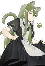  1boy absurdres apron black_dress brown_eyes cat_boy collared_dress crossdressing dress frilled_apron frills green_hair green_nails green_necktie highres lobotomy_corporation long_hair looking_at_viewer maid male_focus male_maid necktie netzach_(project_moon) paw_print project_moon puffy_short_sleeves puffy_sleeves sad short_sleeves simple_background skirt_hold solo toeiki_c white_apron white_background 