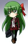  alternate_hairstyle bad_id bag chibi contemporary green_eyes green_hair kagiyama_hina long_hair nosada pantyhose school_uniform solo touhou 