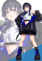  1girl black_boots black_hair black_jacket black_skirt black_socks boots choppy_bangs collared_shirt cropped_shirt crossed_bangs earrings full_body fur-trimmed_jacket fur_trim hair_between_eyes highres ichinose_uruha ichinose_uruha_(4th_costume) jacket jewelry lollipop_in_mouth long_sleeves lupinus_virtual_games midriff_peek multicolored_hair navel partially_open_jacket pleated_skirt ringozeri shirt single_off_shoulder skirt socks solo standing streaked_hair violet_eyes virtual_youtuber vspo! wolf_cut zoom_layer 