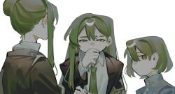  3boys absurdres black_jacket brown_eyes covering_own_mouth dress_shirt eyebrow_cut formal_clothes from_behind giovanni_(project_moon) green_hair green_necktie hair_bun highres jacket lapels library_of_ruina lobotomy_corporation long_hair medium_hair multiple_boys multiple_persona necktie netzach_(project_moon) open_clothes open_jacket project_moon shirt suit_jacket toeiki_c upper_body white_shirt 