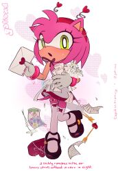  1girl :o absurdres alternate_costume amy_rose animal_ears animal_nose black_shoes bow bracelet bright_pupils dress flower full_body furry furry_female gatioxd gloves green_eyes hairband hedgehog_girl highres holding holding_paper jewelry looking_at_viewer open_mouth paper pink_fur pink_hair red_bow red_hairband ribbon shoes short_tail simple_background solo sonic_(series) standing tail thigh-highs white_background white_dress white_flower white_gloves white_pupils white_ribbon white_thighhighs 