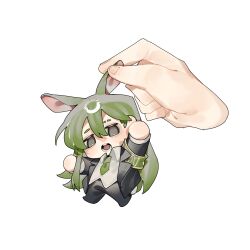  1boy 1other absurdres animal_ears armband black_jacket black_pants black_suit brown_eyes carrying carrying_person collared_shirt disembodied_hand dress_shirt extra_ears full_body grabbing_another&#039;s_ear green_armband green_hair green_necktie hand_on_another&#039;s_ear highres jacket lapels lobotomy_corporation long_hair long_sleeves looking_at_viewer mini_person miniboy necktie netzach_(project_moon) no_fingers open_clothes open_jacket open_mouth pants project_moon rabbit_ears shirt simple_background solo_focus suit toeiki_c white_background white_shirt 