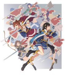  6+girls absurdres aijou_karen belt black_boots black_hair blonde_hair blue_eyes blue_hair blue_jacket blue_skirt boots border bow_(weapon) brown_eyes brown_hair bullfalk buttons clenched_teeth cover crown dagger daiba_nana derivative_work double-breasted dual_wielding epaulettes fire_emblem fire_emblem_awakening floating_hair foot_up full_body fur-trimmed_jacket fur_trim gradient_background green_jacket grey_background grey_skirt grimace halberd hanayagi_kaoruko highres holding holding_bow_(weapon) holding_dagger holding_knife holding_mace holding_polearm holding_sword holding_weapon hoshimi_junna isurugi_futaba jacket jacket_on_shoulders kagura_hikari knee_boots knife long_hair looking_ahead mace mini_crown multiple_girls naginata open_mouth outstretched_arm over_shoulder parody polearm ponytail purple_jacket red_hair red_jacket red_skirt saijou_claudine sash short_hair shoujo_kageki_revue_starlight shoulder_sash single_epaulette skirt sleeve_cuffs sparkle_hair_ornament sword teeth tendou_maya tsuyuzaki_mahiru twintails two_side_up v-shaped_eyebrows video_game_cover video_game_cover_redraw weapon weapon_over_shoulder white_border white_jacket yellow_belt yellow_trim 