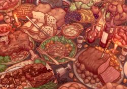  alcohol apple banana boned_meat bottle bread bread_knife candle commentary cup english_commentary fish_(food) food food_focus fork fruit grapes loaf_of_bread meat meatball no_humans pannkaka1515 pear pie potion ragnarok_online salad sausage soup tomato tomato_slice wine wine_bottle 