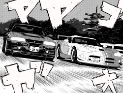  absurdres architecture dodge_(company) dodge_viper dodge_viper_acr east_asian_architecture greyscale highres license_plate monochrome motion_lines nissan nissan_skyline nissan_skyline_gt-r nissan_skyline_r33 no_humans original racing sorithespooky sound_effects spoiler_(automobile) vehicle_focus 