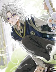  >_< 1boy :o antenna_hair arm_support bag black_necktie bloom blue_bag blue_sweater_vest branch closed_eyes collared_shirt commentary_request diagonal-striped_clothes diagonal-striped_necktie flying_sweatdrops glasses green_eyes grey_pants hand_up haruzawa0731 heterochromia highres holding knee_up long_sleeves looking_at_viewer male_focus multicolored_eyes murakumo_kagetsu murakumo_kagetsu_(3rd_costume) necktie nijisanji official_alternate_costume open_mouth pants parted_bangs petals round_eyewear school_bag shirt short_hair shoulder_bag sleeves_past_wrists solo striped_clothes striped_necktie sweatdrop sweater_vest teeth upper_teeth_only v-shaped_eyebrows violet_eyes virtual_youtuber white_hair white_shirt window wing_collar 