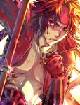  blood blood_on_face headband male minami_seira open_clothes open_shirt red red_eyes sanada_yukimura sanada_yukimura_(sengoku_basara) sengoku_basara shirt solo 