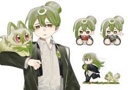  1boy animal_on_shoulder beer_can black_jacket black_pants black_suit brown_eyes can chibi chibi_inset collared_shirt dress_shirt drink_can eyebrow_cut green_cat green_hair green_jacket hair_bun highres holding holding_can holding_poke_ball jacket library_of_ruina lobotomy_corporation long_hair multiple_views netzach_(project_moon) no_fingers pants poke_ball pokemon pokemon_(creature) project_moon running shirt simple_background single_hair_bun sparkle sparkling_eyes sprigatito suit toeiki_c untucked_shirt white_background white_shirt 