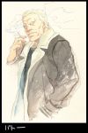  agahari batou blonde_hair cigarette cyborg ghost_in_the_shell ghost_in_the_shell_stand_alone_complex hand_in_pocket jacket male ponytail short_hair smoke smoking solo white_hair 