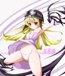  armpits arms_up bad_id bakemonogatari blonde_hair blush flat_chest goggles goggles_on_head hachimitsu_candy helmet long_hair monogatari_(series) oshino_shinobu panties red_eyes solo striped striped_panties underwear vampire 