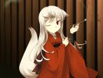  basashi ikura_hato japanese_clothes kiseru long_hair original pipe red_eyes solo tail white_hair wink 