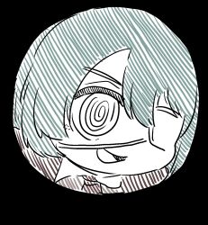  1girl @_@ amedrama blue_hair commentary_request eyepatch hatsune_miku highres korean_commentary looking_at_viewer medical_eyepatch monitoring_(vocaloid) open_mouth pov_peephole sketch smile solo vocaloid 