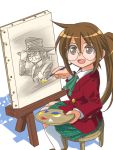  crossover easel ga_geijutsuka_art_design_class glasses hat hitsugi_katsugi_no_kuro iijima_takatoshi iijimatakatoshi kuro_(hitsugi_katsugi_no_kuro) nijuku nikuju open_mouth paint paintbrush ponytail sanju school_uniform shadow skirt smile when_you_see_it yamaguchi_kisaragi 