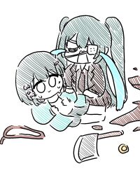  2girls :3 amedrama axe blue_hair blue_shirt brown_jacket brown_necktie commentary_request crying eyepatch grey_hair hatsune_miku highres iyowa_girls jacket korean_commentary kurari-chan_(iyowa) kyu-kurarin_(cevio) medical_eyepatch monitoring_(vocaloid) multiple_girls necktie noose open_mouth shirt sketch streaming_tears tears twintails vocaloid 