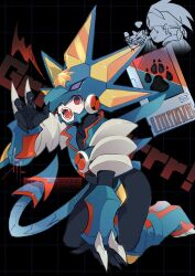  2boys armor battle_chip black_background black_bodysuit blue_armor blue_helmet bodysuit full_body gregar_(mega_man) growling helmet highres kneeling lan_hikari_(mega_man) male_focus mega_man_(series) mega_man_battle_network_(series) mega_man_battle_network_6 megaman.exe multiple_boys open_mouth red_eyes sharp_teeth simple_background solo_focus teeth to_i_to_io 