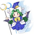  bat_wings chibi crescent ghost ghost_tail green_hair hat kairakuen_umenoka mima outstretched_arms ribbon solo spread_arms staff touhou touhou_(pc-98) wings wizard_hat 