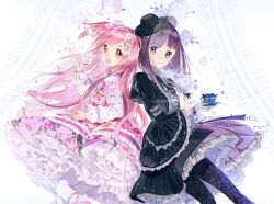  2girls :o alternate_costume back-to-back black_dress black_pantyhose blackberry_cookie bow cherry_blossom_cookie commentary cookie_run cowboy_shot cross-laced_clothes cup dress floral_background floral_print flower glove_bow gloves gothic_lolita hair_bow hand_on_own_chest hat hat_flower holding holding_cup holding_saucer humanization juliet_sleeves lace lace_legwear line_cookie_run lolita_fashion long_hair long_sleeves looking_at_viewer macciatto_(aciel02) medium_hair mini_hat multiple_girls neck_ribbon open_mouth pantyhose petticoat photoshop_(medium) pink_bow pink_eyes pink_hair pinstripe_pattern puffy_sleeves purple_hair ribbon saucer simple_background sleeve_bow sweet_lolita tea_cup_(cookie_run) teacup teeth tilted_headwear two_side_up upper_teeth_only violet_eyes white_gloves white_pantyhose 