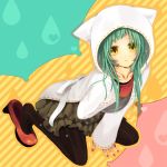  alternate_hair_length alternate_hairstyle aqua_hair black_legwear cat_food_(vocaloid) hatsune_miku hiyo_kiki hoodie pantyhose shoe_dangle shoes short_hair solo vertical-striped_legwear vertical_stripes vocaloid yellow_eyes 