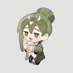  1boy :d alcohol beer beer_mug black_pants blush brown_eyes chibi coat collared_shirt cup dress_shirt eyebrow_cut fang full_body green_coat green_hair hair_bun happy holding holding_cup library_of_ruina male_focus mug netzach_(project_moon) pants project_moon shirt single_hair_bun smile solo toeiki_c untucked_shirt white_background white_shirt 