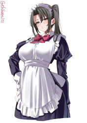  1girl apron artist_name blush breasts brown_eyes commentary_request cropped_legs dress ebifurya frilled_apron frills gloves grey_hair half-closed_eyes hand_on_own_hip highres juliet_sleeves kantai_collection large_breasts long_hair long_sleeves looking_at_viewer maid_apron maid_headdress nachi_(kancolle) one-hour_drawing_challenge parted_bangs parted_lips puffy_sleeves side_ponytail sidelocks simple_background solo twitter_username white_apron white_background white_gloves 