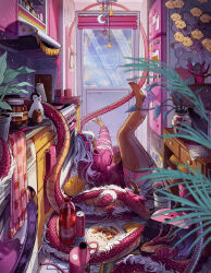  1girl bandaid bandaid_on_leg blue_sky calendar_(object) can claws clouds cloudy_sky coat commentary crumbs cutting_board day door dotswap dragon eastern_dragon eastern_dragon_horns english_commentary feet_up food food_packaging frying_pan full_body hair_ornament hairclip highres holding holding_can indoors kitchen long_hair looking_afar lying magnet mobile monster_energy nutella on_back on_floor original outstretched_arm oven pillow pink_coat pink_headphones pink_scales pink_shorts pink_theme pizza pizza_slice plant plate potted_plant refrigerator refrigerator_magnet rice_cooker rug shorts single_bare_foot single_sock sky sleeping_animal socks soda_bottle solo stove sunlight twitter_username vase very_long_tail wand_lighter washing_machine watering_can white_hair white_socks window window_blinds 