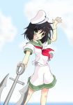  anchor black_hair green_eyes grin kumatoshi murasa_minamitsu sailor sailor_hat sailor_suit shorts smile solo touhou 
