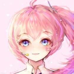  1girl blue_eyes closed_mouth hair_between_eyes long_hair looking_at_viewer necktie pink_hair ponytail shirt side_ponytail sleeveless smile solo star_(symbol) ujamong uni_(vocaloid) upper_body very_long_hair vocaloid 