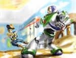  artist_request astronaut battle bed buzz_lightyear cowboy cowboy_hat disney epic gun hat laser male manzu pixar revolver sheriff_woody space_ranger toy_story weapon western 