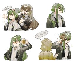  1boy 2girls alcohol beer beer_mug black_bow black_bowtie black_necktie black_vest blonde_hair borderless_panels borrowed_hairstyle bow bowtie braid brown_jacket chinese_text cup dress_shirt green_hair green_jacket hair_bow hair_bun hairband high_ponytail highres holding holding_cup jacket lapels library_of_ruina long_hair low_ponytail malkuth_(project_moon) mug multiple_girls multiple_views necktie netzach_(project_moon) ponytail project_moon shirt side_braid simple_background single_off_shoulder sparkle tiphereth_a_(project_moon) toeiki_c translation_request undone_necktie vest white_background white_shirt 