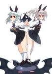  2girls ass ass-to-ass bat bat_ears bat_girl bat_wings blush breasts cleavage dress hairband hand_holding head_wings holding_hands kneehighs loafers mary_janes nomura_ryouji original ponytail red_eyes shoes silver_hair skirt thigh-highs thighhighs white_background wings zettai_ryouiki 