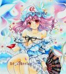  at_classics bare_shoulders blush breasts cleavage colored_pencil_(medium) crossed_legs fan frills front-tie_top large_breasts marker_(medium) pink_hair red_eyes saigyouji_yuyuko sample sitting smile solo touhou traditional_media 