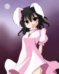  animal_ears arms_behind_back black_hair bunny_ears carrot colored dress fuyuno_taka highres inaba_tewi jewelry kieyza moon necklace red_eyes short_hair solo touhou 