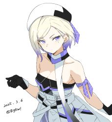  1girl absurdres beret bigkwl black_gloves black_hat blonde_hair blue_eyes blue_hair breasts dated dress gloves gradient_hair hat highres jean_bart_(kancolle) kantai_collection mole mole_under_eye multicolored_hair multicolored_scarf scarf short_hair small_breasts solo strapless strapless_dress two-tone_gloves two-tone_headwear white_background white_gloves white_hat 