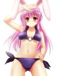  1girl animal_ears bad_id bikini blush breasts bunny_ears cleavage cute frilled_bikini frills hand_on_hip long_hair midriff moe navel o-ring_top purple_hair rabbit_ears rabbit_girl red_eyes reisen_udongein_inaba shiny shiny_skin shiramori_yuse side-tie_bikini solo swimsuit team_shanghai_alice touhou yuse 