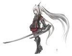  albino bad_id character_request gauntlets greaves hair_ornament highres long_hair military military_uniform original pantyhose recel_tinker red_eyes sword twintails uniform weapon white_hair 