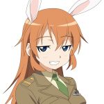  blue_eyes bunny_ears charlotte_e_yeager grin highres long_hair military military_uniform necktie orange_hair smile strike_witches uniform 
