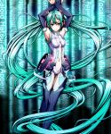  aqua_eyes aqua_hair armpits arms_up belt blush breasts bridal_gauntlets center_opening character_name hachimitsu_candy hatsune_miku hatsune_miku_(append) headphones highres long_hair miku_append navel necktie solo text_background thighhighs twintails very_long_hair vocaloid vocaloid_append wall_of_text 